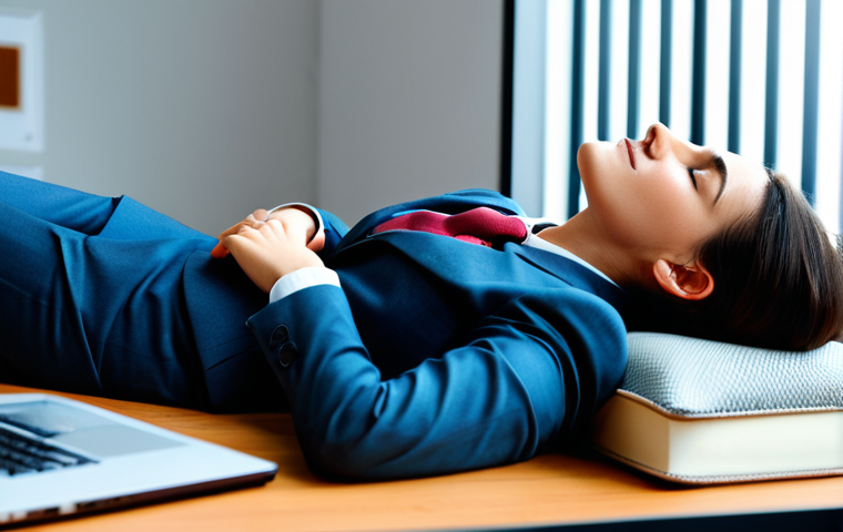 **

A professional woman in a modest, tailored suit, taking a power nap at her office desk during the afternoon. She's fully clothed, with a supportive neck pillow for comfort. The office setting is modern and clean, with soft lighting. Safe for work, appropriate content, professional, perfect anatomy, natural proportions, well-formed hands, proper finger count, family-friendly.

**