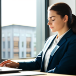 **

"A professional woman in modest business attire, seated at a desk in a bright, modern office. She appears to be taking a short break, eyes gently closed. Sunlight streams through a window. Safe for work, appropriate content, fully clothed, professional, perfect anatomy, natural pose, well-formed hands, proper finger count, natural body proportions, high quality."

**